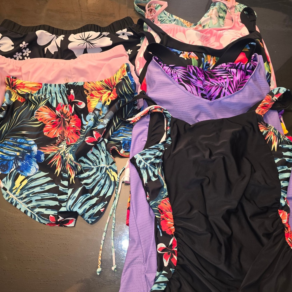 Lot of 8 Womens Swimwear Pieces 1XL Tropical Floral One Piece Tankini Shorts